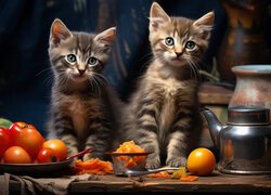 Dwa małe kotki obok dzbanka i pomidorów