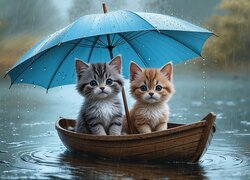 Koty, Deszcz, Łódka, Parasol, Grafika