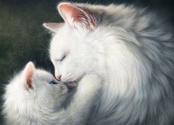 Dwa przytulone do siebie koty w grafice painthography