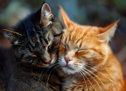 Dwa przytulone śpiące koty