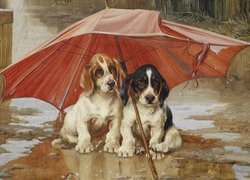 Dwa psy pod parasolką w malarstwie