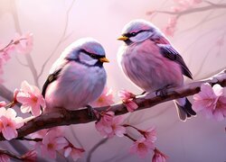 Dwa ptaki na ukwieconej różowymi kwiatkami gałęzi