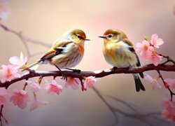 Dwa ptaszki na gałązce z różowymi kwiatkami