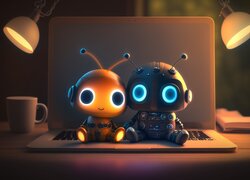 Dwa, Roboty, Biurko, Lampy, Laptop, Kubek, Książki, Grafika