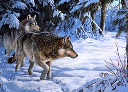 Dwa wilki w zimowym lesie na obrazie Persis Clayton Weirs