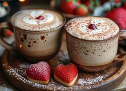 Dwie, Filiżanki, Kawa, Cappuccino, Taca, Serduszka
