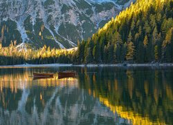 Łódki, Drzewa, Jezioro, Pragser Wildsee, Lago di Braies, Góry, Włochy