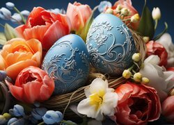 Tulipany, Kwiaty, Pisanki, Kompozycja, Wielkanoc, Grafika