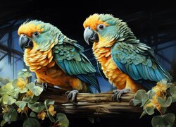 Dwie papugi siedzące na konarze drzewa