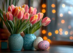 Kwiaty, Tulipany, Niebieskie, Wazony, Kolorowe, Pisanki, Okno