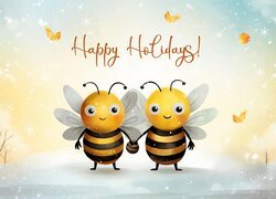 Dwa, Pszczoły, Napis, Happy Holidays, Grafika