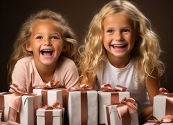 Dwie roześmiane dziewczynki z prezentami