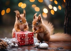 Dwie rude wiewiórki obok pudełka z prezentem