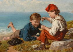 Malarstwo, Obraz, William Hemsley, Chłopcy, Wędkowanie, Morze