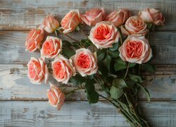 Kwiaty, Róże, Bukiet, Deski, Drewno