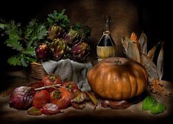 Warzywa, Persymona, Karczochy, Dynia, Liście, Butelka