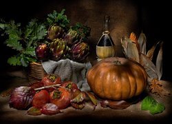 Warzywa, Persymona, Karczochy, Dynia, Liście, Butelka