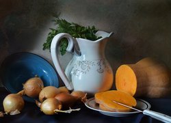 Dzbanek, Miska, Talerz, Nóż, Natka, Pietruszki, Koper, Warzywa, Cebula, Dynia piżmowa, Kompozycja