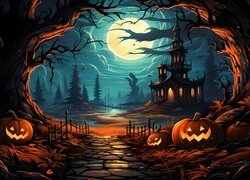 Dynie, Drzewa, Droga, Noc, Dom, Halloween, Grafika