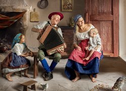 Dziadek z akordeonem i matka z dziećmi w wiejskiej izbie