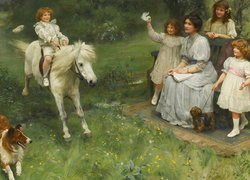 Dzieci i kobieta na polanie na obrazie Arthura Johna Elsleya