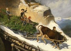 Dzieci na saniach wiozące choinkę na obrazie Josefa Antona Strassgschwandtnera
