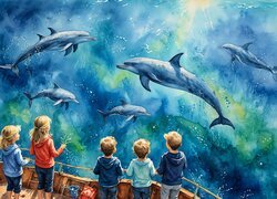 Dzieci, Oceanarium, Delfiny, Grafika