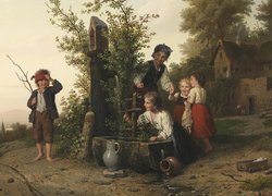 Dzieci przy studni na obrazie Johanna Georga Meyera
