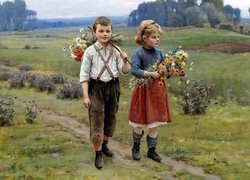Dzieci z bukietami kwiatów w malarstwie Cesara Pattein