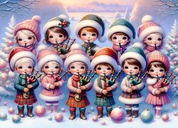Zima, Boże Narodzenie, Choinki, Kolorowe, Bomki, Dzieci, Czapki, Stroje, Instrumenty, Dudy, Grafika