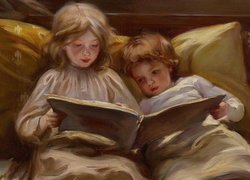 Dzieci z książką w łóżku na obrazie Laury Muntz Lyalla