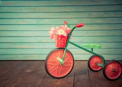 Dziecięcy rowerek z tulipanami w wiaderku