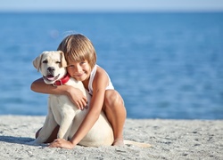 Dziecko, Szczeniak, Labrador retriever, Plaża, Woda