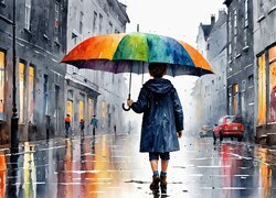 Malarstwo, Akwarela, Dziecko, Parasol, Ulica, Domy