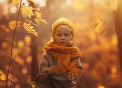 Dziecko w szaliku i czapce z jesiennym liściem w rękach