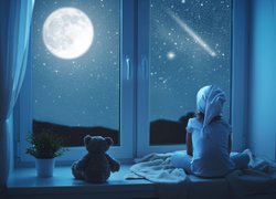 Dziecko, Miś, Noc, Gwiazdy, Księżyc, Okno