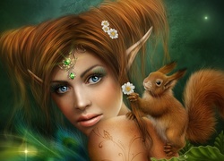 Dziewczyna - elf z wiewiórką na plecach