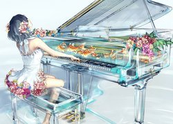 Dziewczyna grająca na szklanym fortepianie w grafice