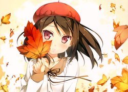 Dziewczyna, Beret, Liście, Jesień, Manga, Anime