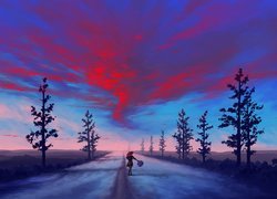 Dziewczyna idąca drogą pod czerwonawym niebem