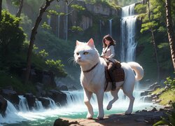 Dziewczyna, Wodospad, Duży, Biały, Kot, Fantasy