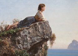 Obraz, Malarstwo, Filippo Palizzi, Tytuł, Girl on The Rock in Sorrento, Dziewczyna, Skała