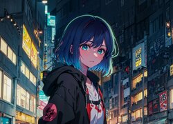 Dziewczyna na tle nocnego miasta w anime