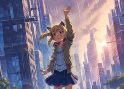Dziewczyna na tle wieżowców w anime