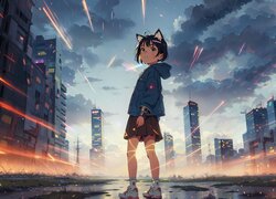 Dziewczyna na ulicy na tle wieżowców w anime