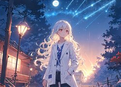 Dziewczyna w białej kurtce pod zapaloną latarnią w anime