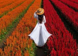 Dziewczyna w białej sukience i kapeluszu na kwiatowym polu