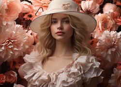 Dziewczyna w białym kapeluszu wśród kwiatów