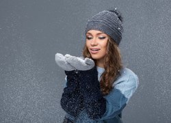 Zima, Kobieta, Czapka, Sweter, Rękawiczki, Śnieg