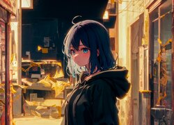 Dziewczyna w czarnej bluzie z kapturem w anime